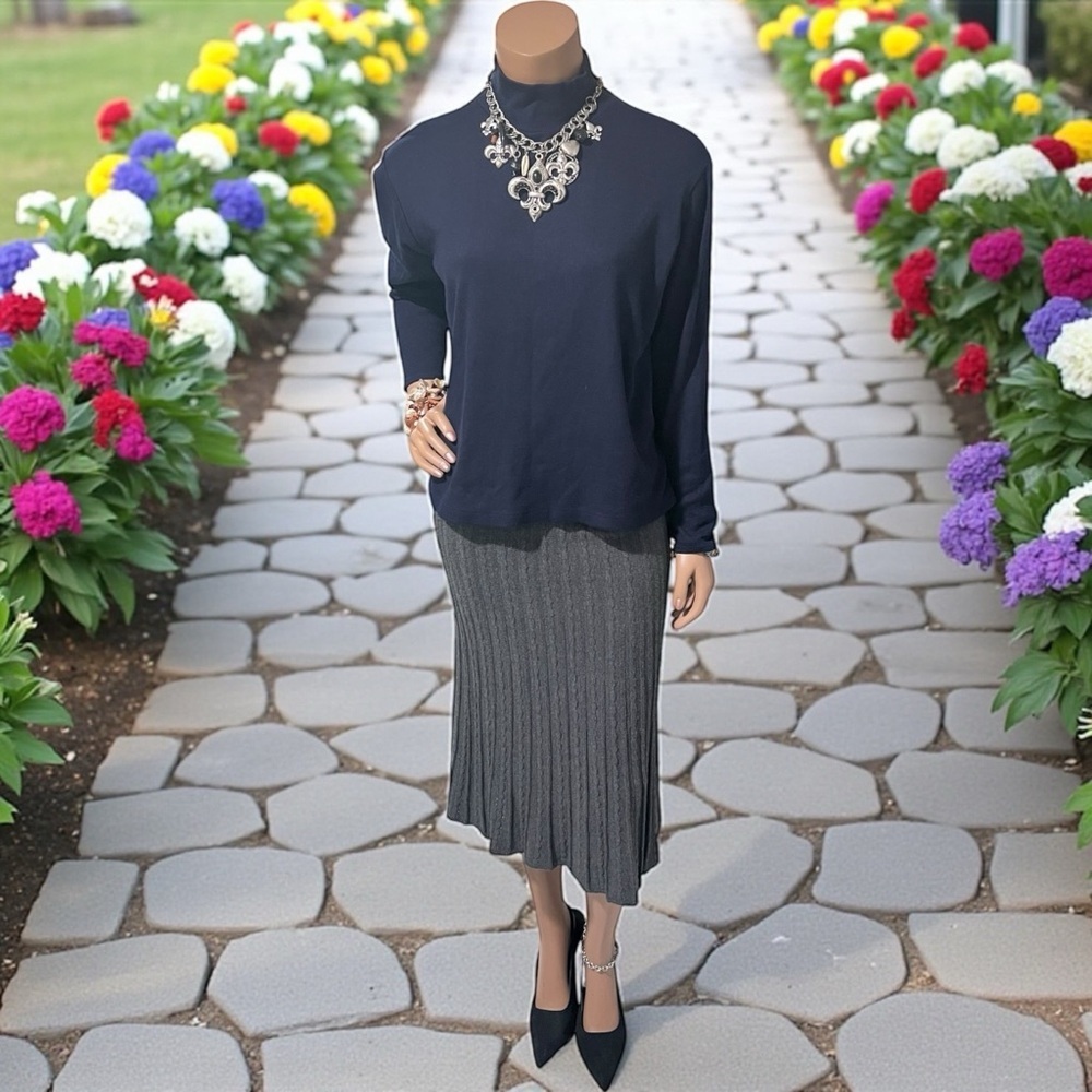 Navy Turtleneck Ellen Tracy Paired with a Ellen Tracy Gray Pleated Skirt c close - Picture 6 of 12
